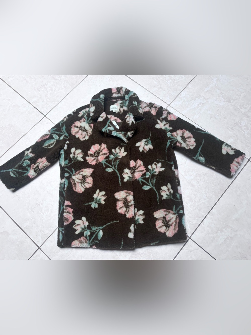If By Sea-Floral Faux-Shearling Coat - Brown with Pink Flowers